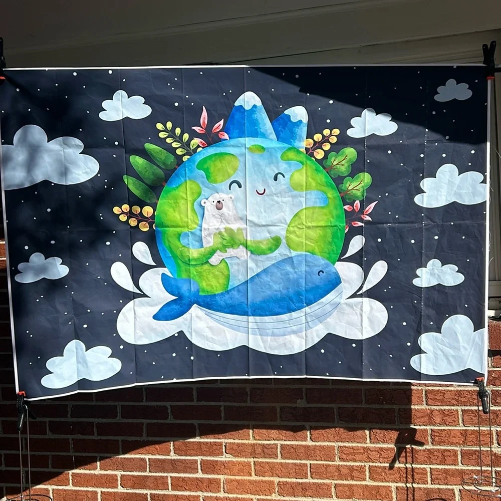 Earth Day backdrop, earth, bear, whale. Space, 3 x 4, blue black, green white